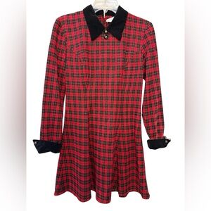 Vintage Red and Black Plaid Dress with Velvet Collar & Cuffs Silver Buttons